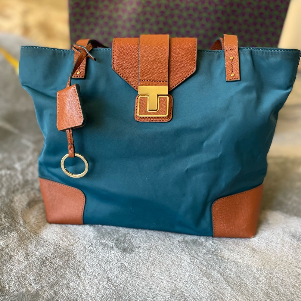 Tory Burch Teal Blue and Tan Tote Bag